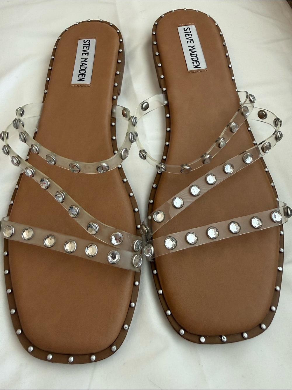 Steve Madden Clear Rhinestone Triple-Strap Slide Sandals in Brown
